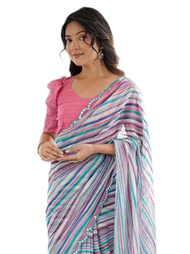 Image of Satrani Women's Georgette Printed & Mirror Work Saree with Unstitched Blouse Piece