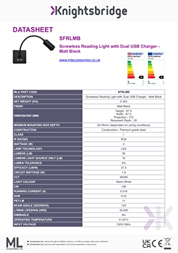 Knightsbridge Screwless Reading Light with Dual USB Charger - Matt Black - Image 3