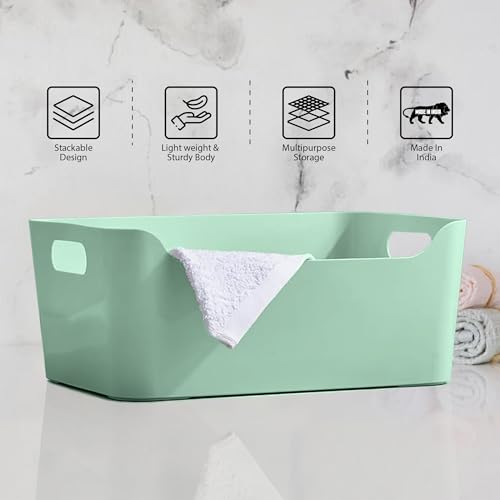 Image of KOLORR Jolly Plastic XL Baskets with Handle for Storage Box| Multipurpose Light Weight Plastic Baskets organiser for Clothes Toys Stationary Cosmetics Livingroom Bathroom | Pack of 3 - Mint