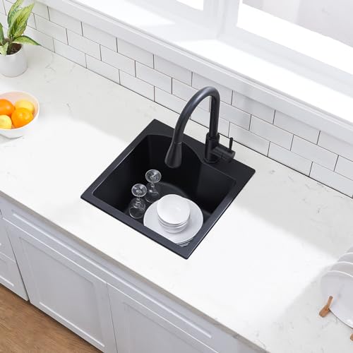 Comllen 16\" x 16\" Quartz Black Bar Sink Drop in, Morden Black Small Kitchen Sink 16 Inch, Topmount Wet Bar Sink Matte Black, Black Granite Kitchen Sink Bar Prep Rv Sinks