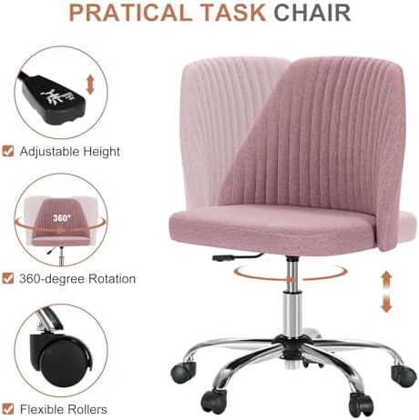 DUMOS Office Chair, Comfy Desk Chair Rolling Vanity Swivel Task Chairs with Wheels, Wide Seating Armless Height Adjustable Computer Chairs for Home,Bedroom,Student,Adults, Blush - Thumbnail 3