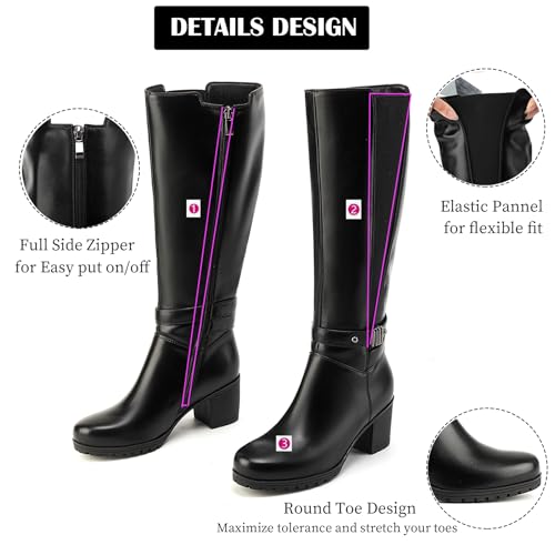 ErikenUrben Women's Knee-High Riding Boots Chunky Heel Buckle Calf Boots Zip4