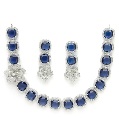 Image of ZENEME Jewellery Set Classic Style Rhodium Plated AD /American Diamond Studded Silver Plated Bejeweled Rose Necklace Jewellery Set for Women & Girls