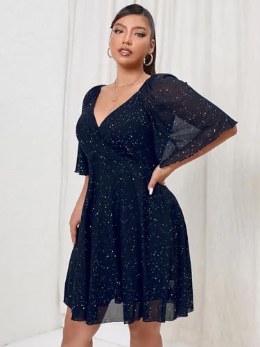 Plus Size Cap Sleeves Long Sleeves V Neck Sequins Skater Cocktail Club Dress3