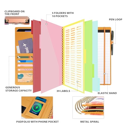 Image of Ospelelf Clipboard with Storage for Women, Leather Padfolio Portfolio Organizer 5 Folders with 10 Pockets, Spiral Clipboard Folio with Notepad for Letter Size, Elastic Closure and Pen Loop Flowers