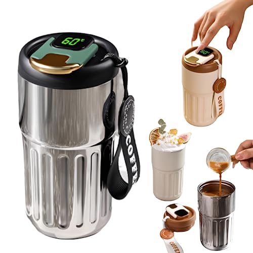 ZGHQHCDRH 保温保冷コーヒー魔法瓶450ML ドイツ製 保温保冷コーヒー魔法瓶 温度表示付マグボトル 洗いやすい ステンレスボトル 大容量 水筒カバー 真空断熱 漏れ防止 水筒 インテリジェントな魔法瓶 (ミラーブラック)