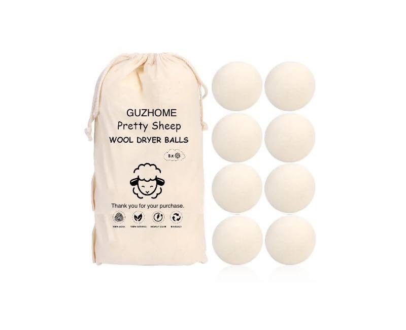 GUZHOME - Paquete de 8 XL, Bolas de Secado para Secadora, Lana de Oveja,100% Lana Natural, Secado Eficiente y Ecológico. Reutilizables, Suavizante, Antiarrugas, Ahorra Tiempo y Energía
