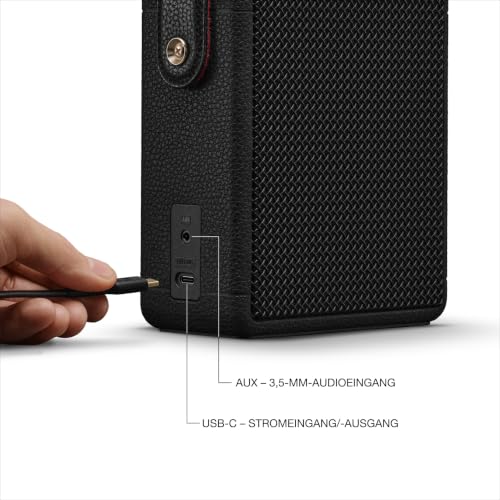 Marshall Stockwell III Tragbarer Bluetooth-Homelautsprecher – True Stereophonic 360°-Sound | Staub- und wasserfest | Über 40 Stunden kabellose Spieldauer | Ladefunktion - Black and Brass