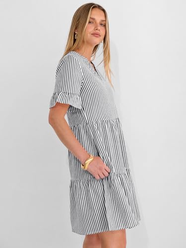 Image of Caracilia Dresses for Women Summer 2026 Striped V Neck Ruffle Sleeve A Line Tiered Flowy Casual Mini Beach Dress with Pockets