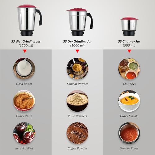 Image of Prestige Orion 500 Watts Mixer Grinder with 3 Stainless Steel Jars |3 Super Efficient Stainless Blades |Sturdy Handles|Red & White