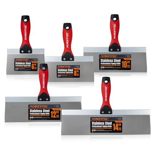 Image of POWERTEC Drywall Knife Set, 5 Pcs Stainless Steel Taping Knives, 6 inch,8 inch,10 inch, 12 inch,14 inch Drywall Joint Taping, Finishing & Patching (72174)
