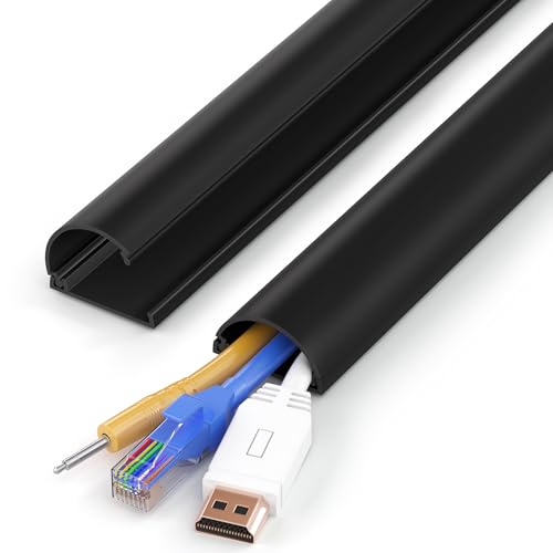 Image of ZhiYo 34in Cord Hider for 2-4 Wall-Mounted TV Wires, 1.4 inch W x 0.7 inch H, Black | Split-Hinge Design for Easy Installation, Half-Round Glazed Finish Ideal for Wall /Baseboard, Self-Adhesive, 2 Pack (17 inch Each)