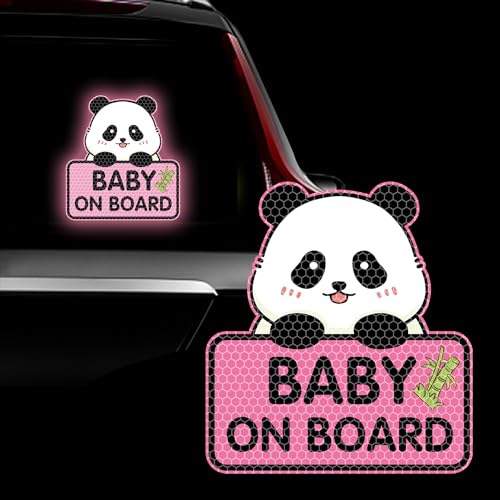 Image of Panda Baby On Board Sticker for Cars, Cute Highly Reflective Kids in Car Sticker Sign for Car Window Bumper Truck Auto Warning Decals (1PCS, Pink)