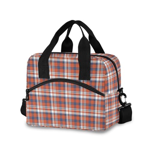 Sinestour Insulated Lunch Bag Reusable Cooler Plaid Red Orange Lunch Box Adjustable Shoulder Strap for School Men Women