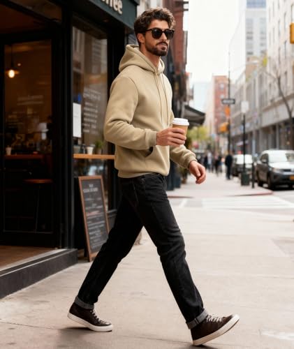 ZITY Mens' Winter Hooded Sweatshirt Sherpa Fleece Lined Hoodies Heavy Warm Thick Athletic Pullover with Kangaroo Pocket Light Brown — view 3