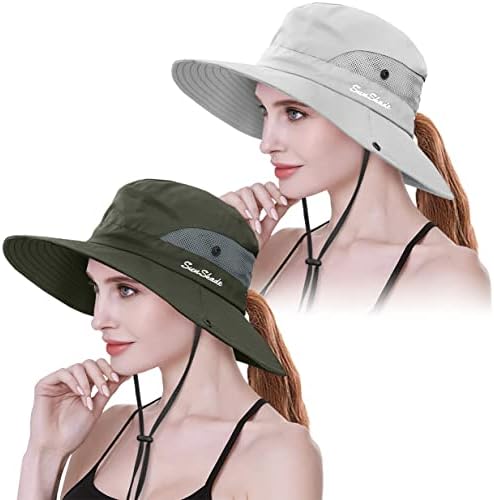 IYEBRAO 2 Pack Womens Ponytail Sun Hat UV Protection Bucket Hats Foldable Wide Brim Summer Boonie Beach Cap Fishing Hiking(Pure Beige & Army Green)