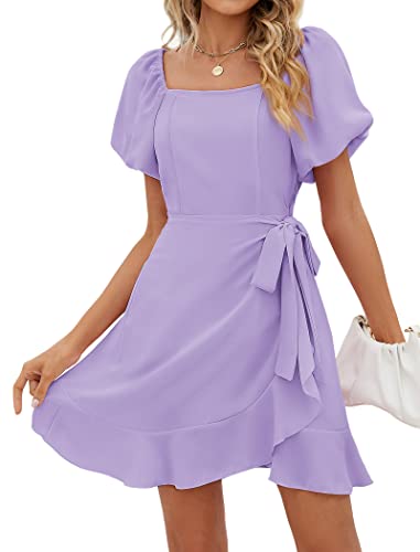 Image of Sampeel Womens Summer Dresses Square Neck Puff Sleeve Tie Waist Short Dress