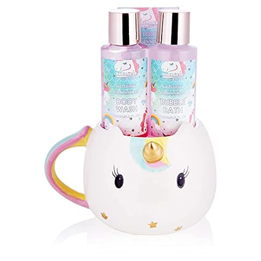 BRUBAKER Cosmetics 4-tlg. Einhorn Bade- und Dusch Set Cherry Blossom - Geschenkset mit Kirschblüten Duft in Einhorn Tasse