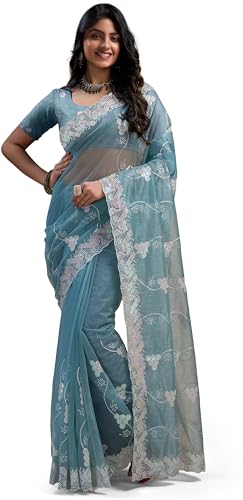 INDIA MADEDarshan fab Embroidered Bollywood Organza Saree (Light Blue)_129 KK02RASHBARI0K2GRN_VJ129-9898