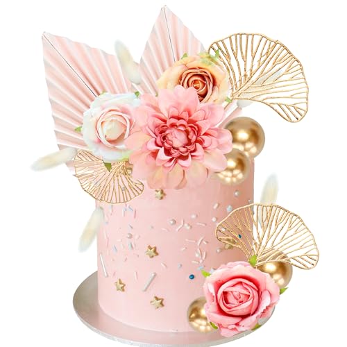 Ephlyn 24 Pack Boho Flower Gold Leaves Cake Topper Foam Ball Cake Decorations for Wedding Baby Shower Birthday Party Supplies Pink