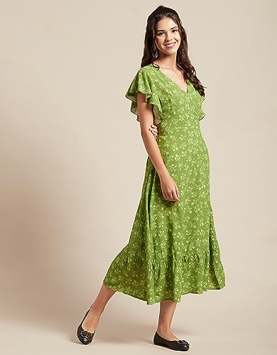 Image of Moomaya Women's Printed Dress, V-Neck, Short Sleeves, Ruffled Midi Summer Dress
