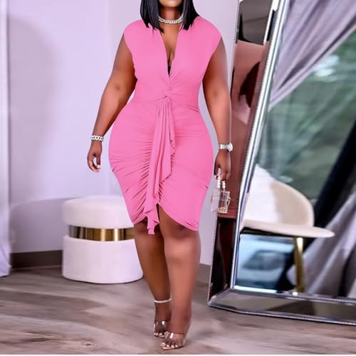 Image of IyMoo Women's Sexy Plus Size Bodycon Sleeveless Drawstring Ruched Mini Club Dresses