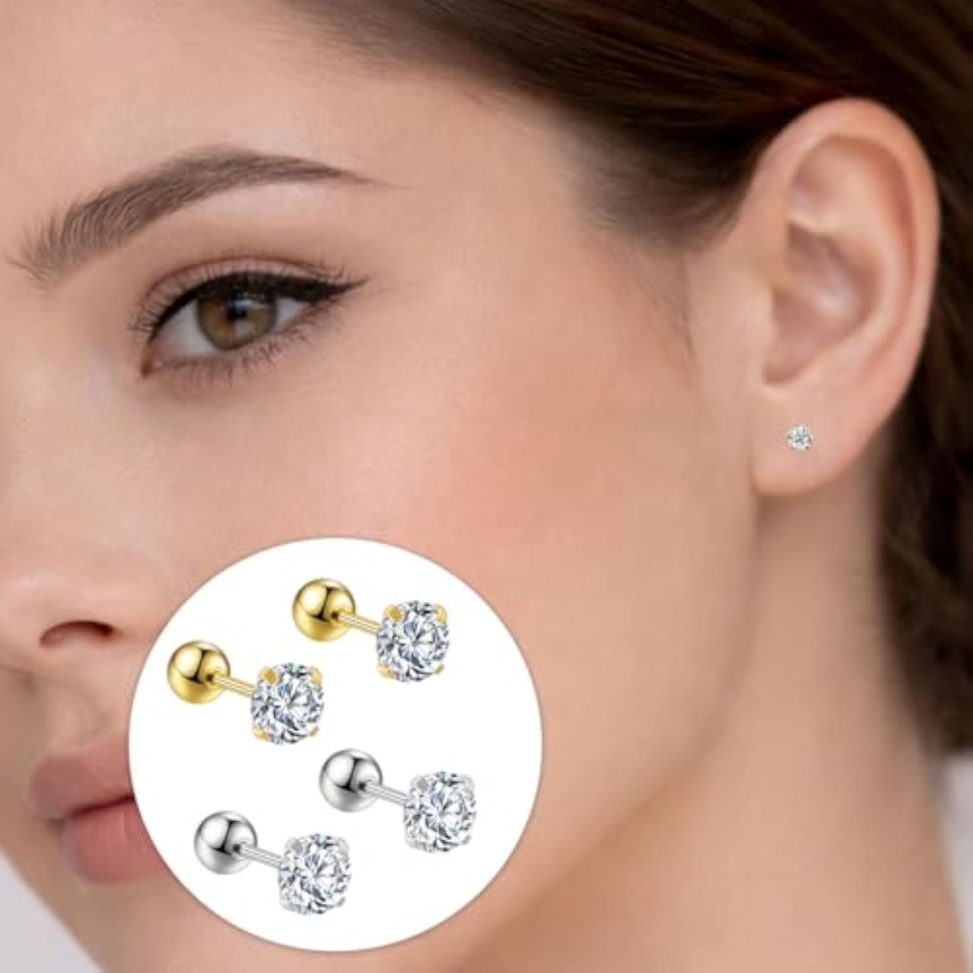 18K Gold & Silver Plated Stainless Steel White Stone Medium Ear Studs