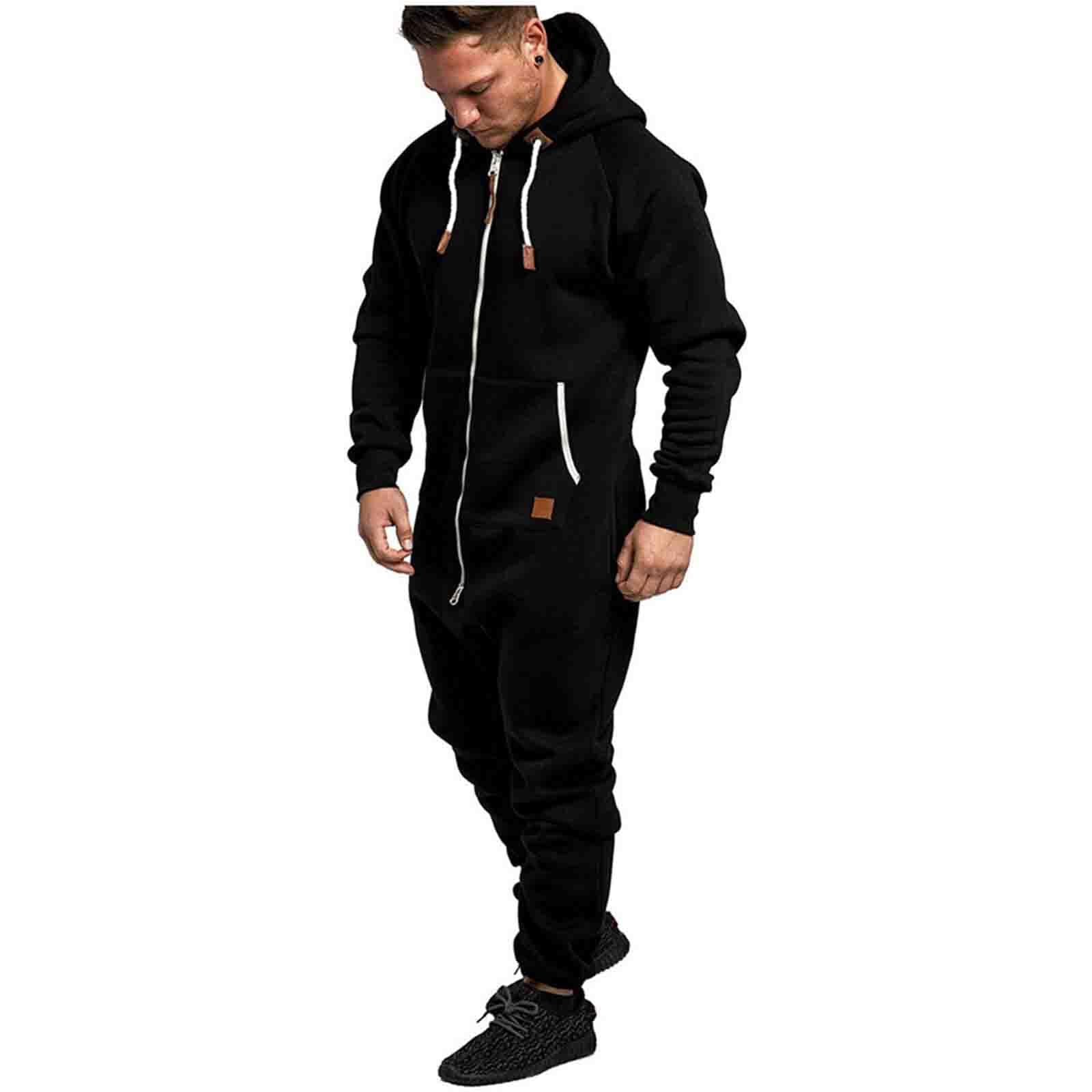 Herren Jumpsuit Overall mit KapuzeSlim Fit Einteiler Baumwolle Jogginganzug Winter Warm Trainingsanzug Fleece Ganzkörperanzug mit Taschen Reißverschluss und Kapuze One Piece Fitness Männer Bekleidung