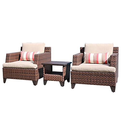 SUNSITT 3-Piece Patio Conversation Set, Wicker Outdoor Furniture Lounge Chairs and Side Table w/Aluminum Top, Beige Olefin Fabric Cushions & Brown Wicker