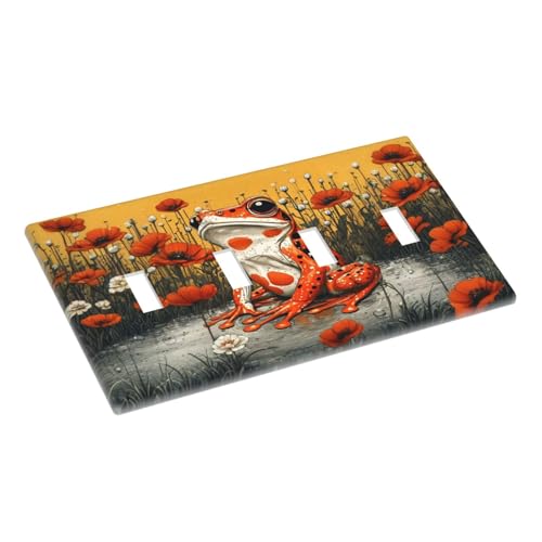 Decorative Light Switch Cover Plate Big Orange Frog Red Floral Wildflower 4 Gang Wall Plate Oversized Quad Toggle Switch Cover Plate Jumbo Faceplate for Home Decor