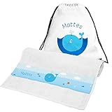 ✅ PRODUKT: Freizeit-Set Handtuch und Turnbeutel mit Blauwal-Motiv