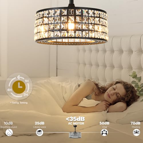 DWVO 18" Crystal Caged Ceiling Fans with Lights, Enclosed Modern Ceiling Fan with Remote Control Reversible Industrial Chandelier 3 Speeds, 3 Color Temperatures for Bedroom, Living Room, Dining Room