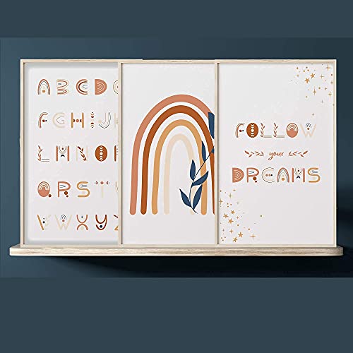Image of Na-nay and Co. Boho rainbow nursery decor wall with Decor, alphabet inspirational art for classroom, Baby Rooms or playroom decor- set of 3 11x17 inch Unframed