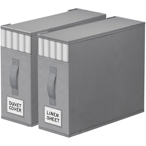 Image of StorageTastic 2 Pack Bed Sheet Closet Organizers and Storage,Sturdy Foldable Storage Containers with Window and Label,Storage and Organization for Bedding Sheets,Duvet Covers,Blankets (Grey)