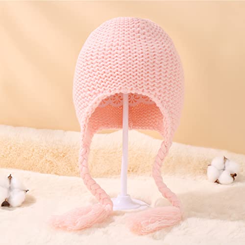 Baby Girls Knit Hats Winter Baby Beanie Hat With Warm Ear Flap And Cute Braids Running Caps (Pink) #TOP1