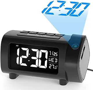 LIORQUE Projection Alarm Clock, Alarm Clocks Bedside Mains Powered, Projection Clock with FM Radio, Large VA Display, 4-Level Dimmer, Snooze, Digital Clock for Bedroom