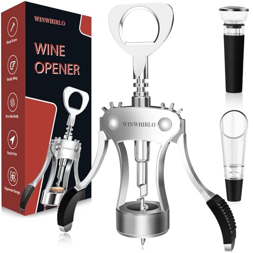 WINWHIRLO 3-in-1 Wine Opener Set, Zinc Alloy Wing Corkscrew Wine Bottle Opener with Vacuum Stopper & Aerator Pourer, Manual Cork Screw Wine Beer Cap Bottle Opener with Non-slip Handle for Wine Lover