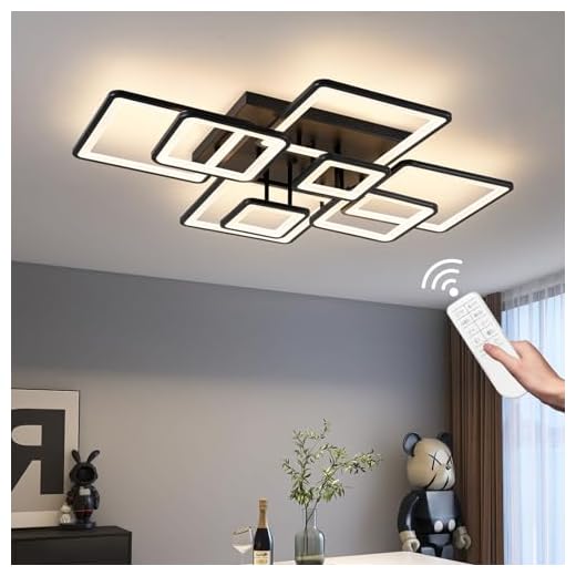 Shine LUEST Modern LED Ceiling Light, Dimmable LED Chandelier Black Flush Mount Ceiling Lights, Remote Control Acrylic Ring Ceiling Lamp Fixture for Living Room Dining Room Bedroom, 8H-FANG-BL-04