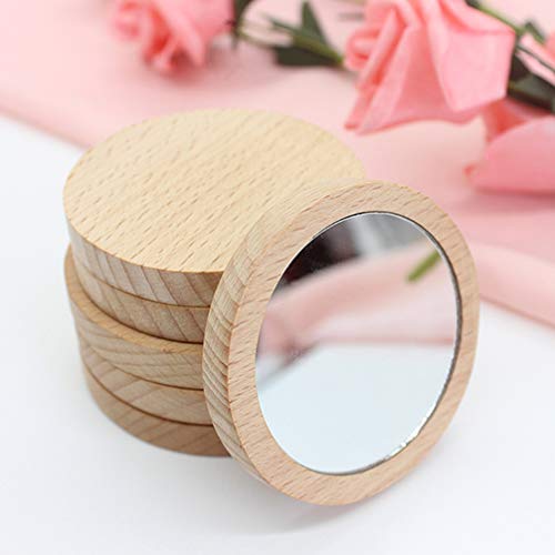 Lurrose 4pcs Runden Spiegel aus Holz Taschenspiegel Kleinen Kompakten Spiegel für Geldbörsen (7.5 cm)