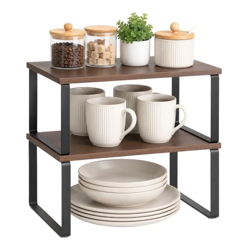 Image of Decorlay Metal & Wooden Cabinet Shelf Organizer Spice Rack Kitchen Counter Shelf, Pantry Organizer Storage Shelves, Stackable | Black-Brown