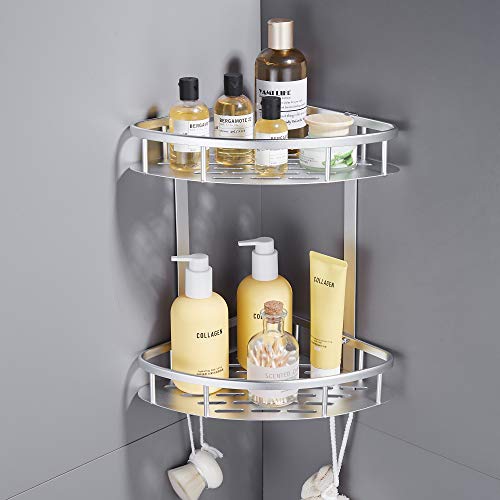GERUIKE Etagère de Douche d'angle sans Perçage em aeronautique Tablette antirouille auto-adhésif avec 2 Crochets pour Articles de salle de Bains 2 pés prata