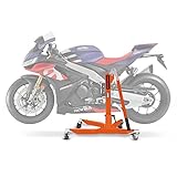 Technische Daten: Maße ConStands Zentralständer 78cm lang, 54cm breit und 75,5cm hoch. Eigengewicht: 22 kg. Max. Tragkraft: 300 kg. Die max. Bodenfreiheit der Räder liegt im Bereich von 5-15cm, abhängig vom Modell. Klappbar für Transport und zum Verstauen