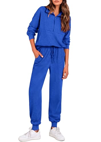Image of PRETTYGARDEN Women 2 Piece Ribbed Knit Matching Lounge Sets | Comfy Sweat Track Suits, Athleisure Casual Outfit, Half Zip Sweatshirt & Jogger Pants, Fall Winter Clothes for Airport Travel