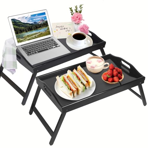 INNOVATIVE LIFE 2-Pack Bed Tray Table with Folding Legs Wooden Serving Breakfast in Bed or Platter Tray,TV Table Laptop Computer Tray Snack Tray Large Size, Black