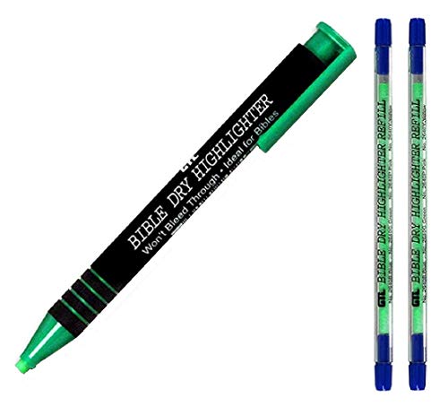 Dry Bible/Book Highlighter Pen With 2 Pack Bible/Book Dry Highlighter Refill (Green)