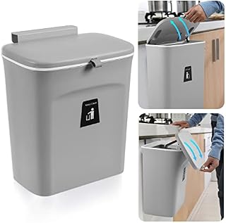 KWANITHINK Hanging Kitchen Bin with Lid, Cupboard Bins for Kitchen Cabinet Door, Trash Can Waste Bins Under Sink Counter Top, Trash Bin for Bedroom Bathroom Office Motorhome 9L (Grey)