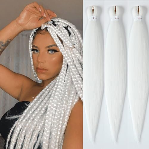 Braiding Hair Pre Stretched 32inch 3 Packs White Braiding hair Extensions Synthetic Crochet Braids, Hot Water Setting Professional Soft Yaki Texture. (32inch(3Packs),White#)
