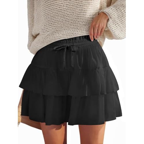 Shorts for Women Ruffled Tiered Pleated Mini Skirts Boho High Waist Flowy Comfy Tennis Golf Skorts Black Large