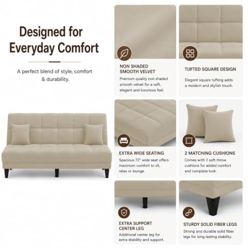 Image of Adorn India Alyssum 3 Seater Sofa Cum Bed 4X6 Velvet 2 Cushions (Color Beige) and Suitable for All Indoor, with 3 Years Warranty