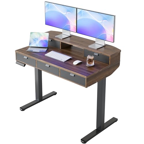 Image of HUANUO 40 X 24 inch Electric Standing Desk with 4 Drawers, Adjustable Height Sit Stand Home Office Desk, C-Clamp Mount Compatible, Ergonomic Stand up Desk with 4 Preset Heights, Walnut